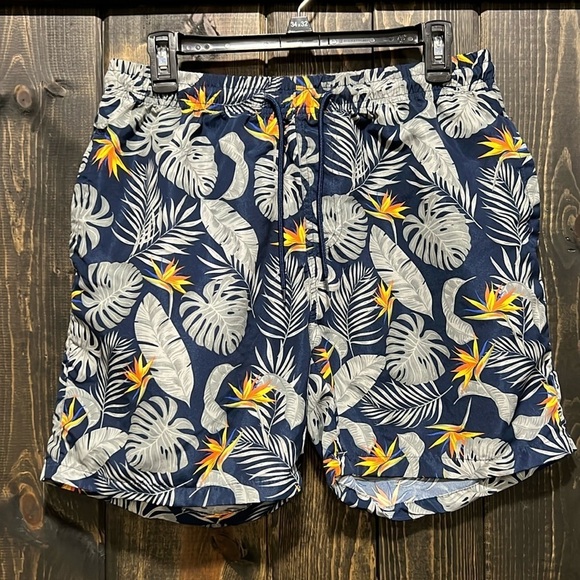 Refinery Republic Swim Shorts XL Trunks Tropical Print Beach Navy Blue Orange - Picture 1 of 8